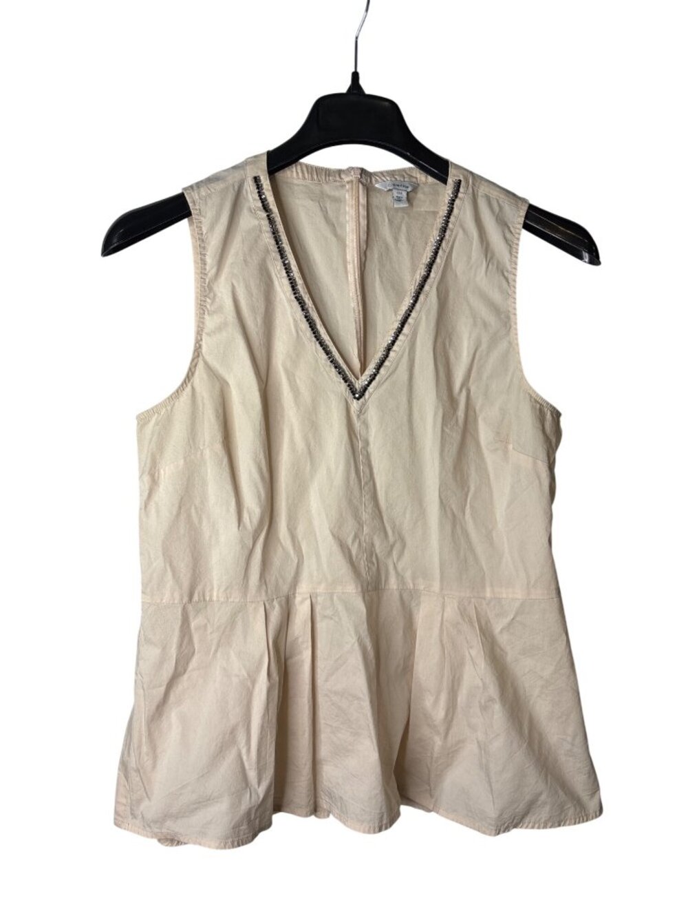 Calvin Klein Womens Sleeveless Peplum Blouse Top Size L Rhinestone V Neck Tan